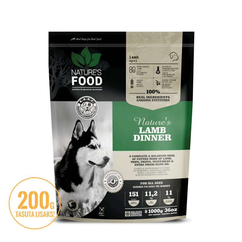 Nature's Food Lamb Dinner tasakaalustatud toortoit lambalihast, monoproteiin pihvid 1kg + 200g tasuta